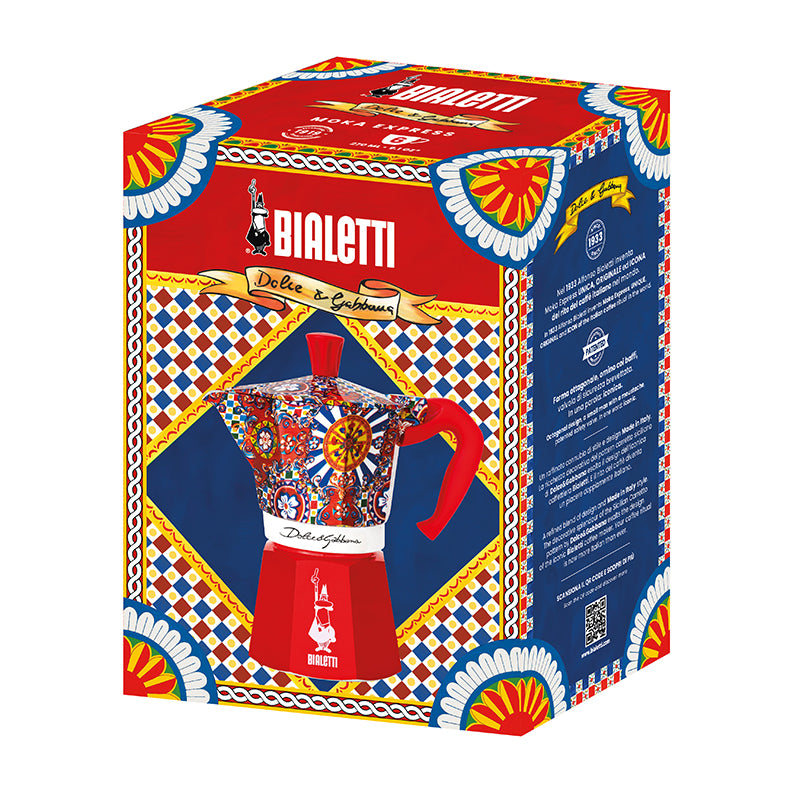 Bialetti Moka Express coffee maker packaging with colorful design on a white background