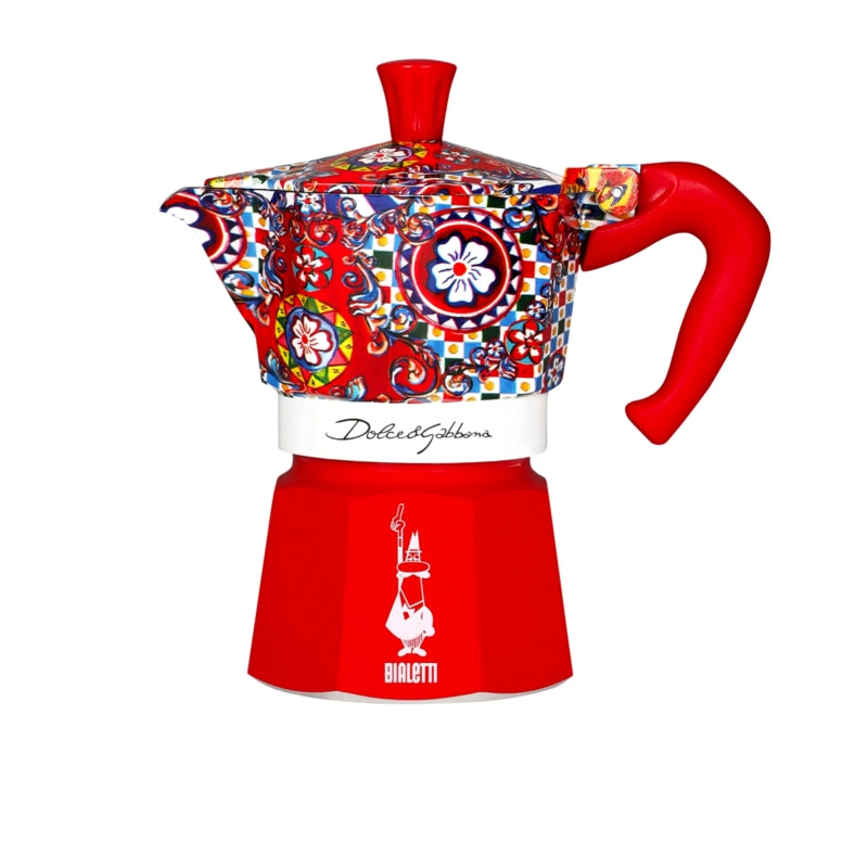 Colorful Moka pot with Dolce & Gabbana branding on a white background