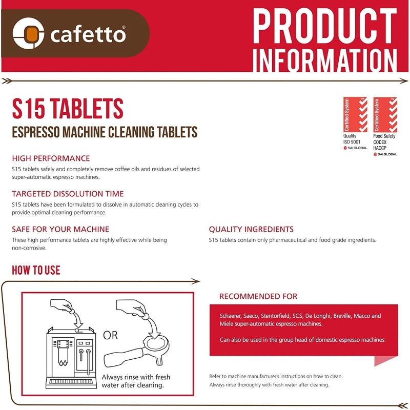 Cafettto S15 Espresso Coffee Machine Cleaning Tablets - 100x 1.5g