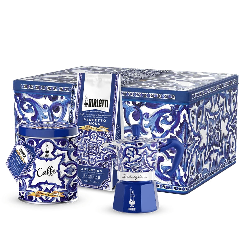 Bialetti Dolce & Gabbana Moka 3 Cup + Coffee Tin Gift Set - Blue Mediterranean