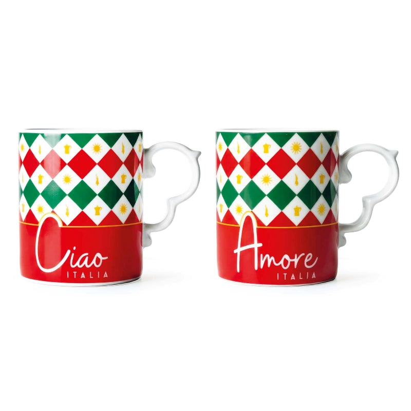 Bialetti Ciao Italia Mug Set of 2 Tricolore Coffee Tea Mugs