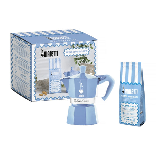 Bialetti Almond Coffee + Moka Express Blue 3 Cups Iced Coffee Gift Set